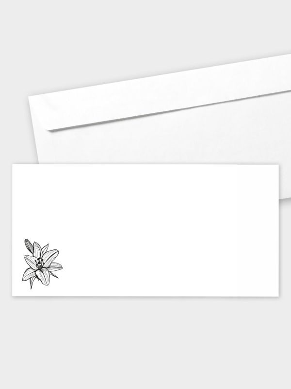 Umschlag im modernen Format (220 x 110 mm) | gerade Klappe/Haftklebung | Auswahl: Papiersorte | Adresseindruck und Lettershop möglich | Motiv Lilie | TUM_005_ATD