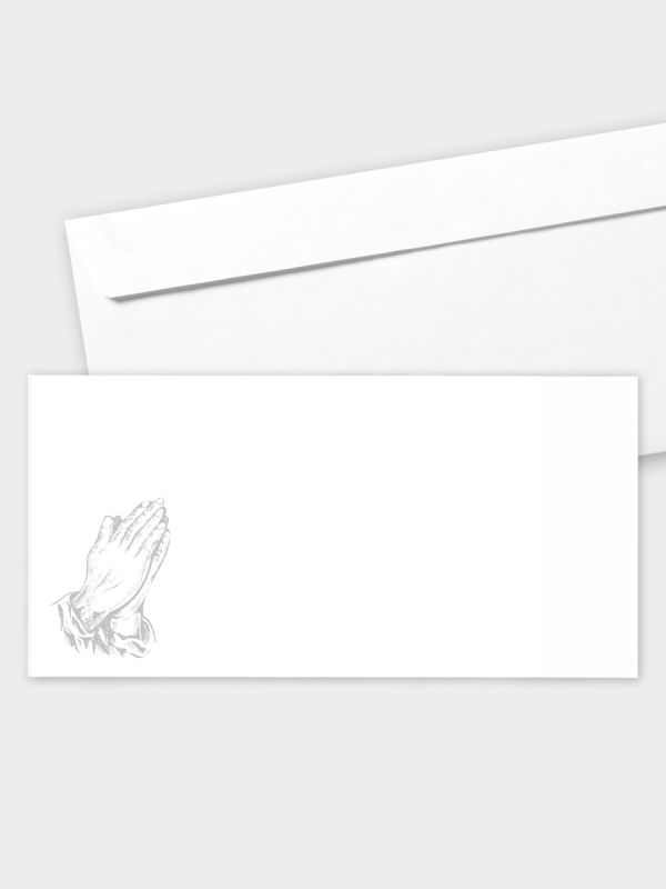 Umschlag im modernen Format (220 x 110 mm) | gerade Klappe/Haftklebung | Auswahl: Papiersorte | Adresseindruck und Lettershop möglich | Motiv Betende Hände (Holzschnitt) | TUM_019_ATD