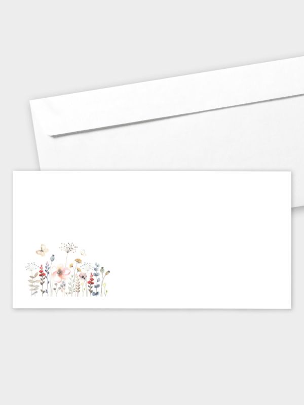 Umschlag im modernen Format (220 x 110 mm) | gerade Klappe/Haftklebung | Auswahl: Papiersorte | Adresseindruck und Lettershop möglich | Motiv Aquarell Blumenwiese | TUM_078
